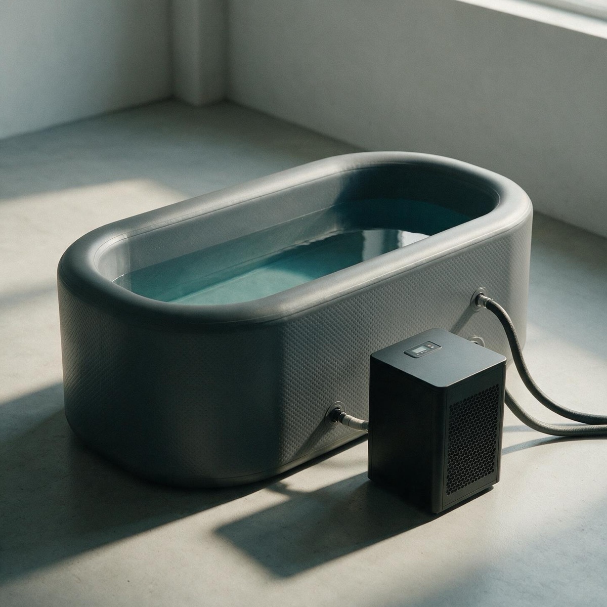Baño de hielo de Nordik Club: bañera de 170x92x67 cm para una persona con su equipo de frío compacto al lado