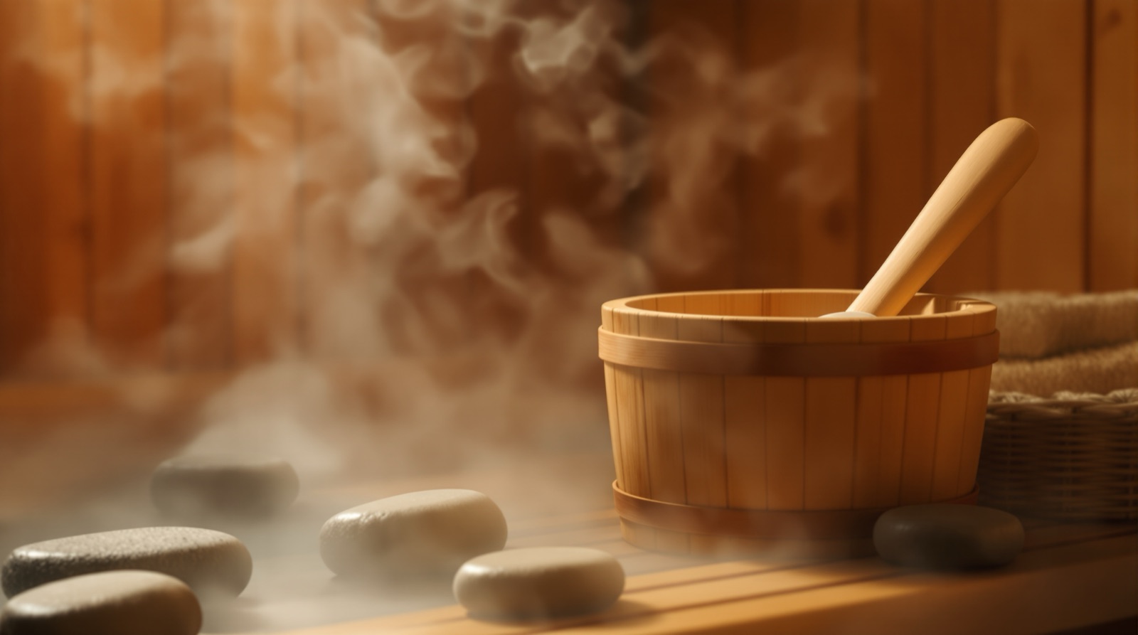 Ritual de sauna con cubo y agua sobre las piedras calientes