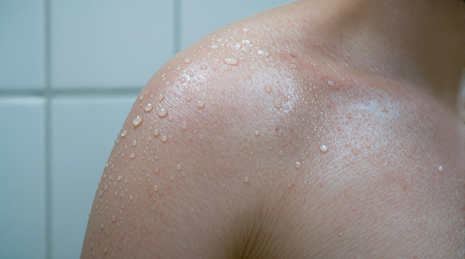 Ducharse con agua fría: piel de gallina y gotas de agua fría en el hombro