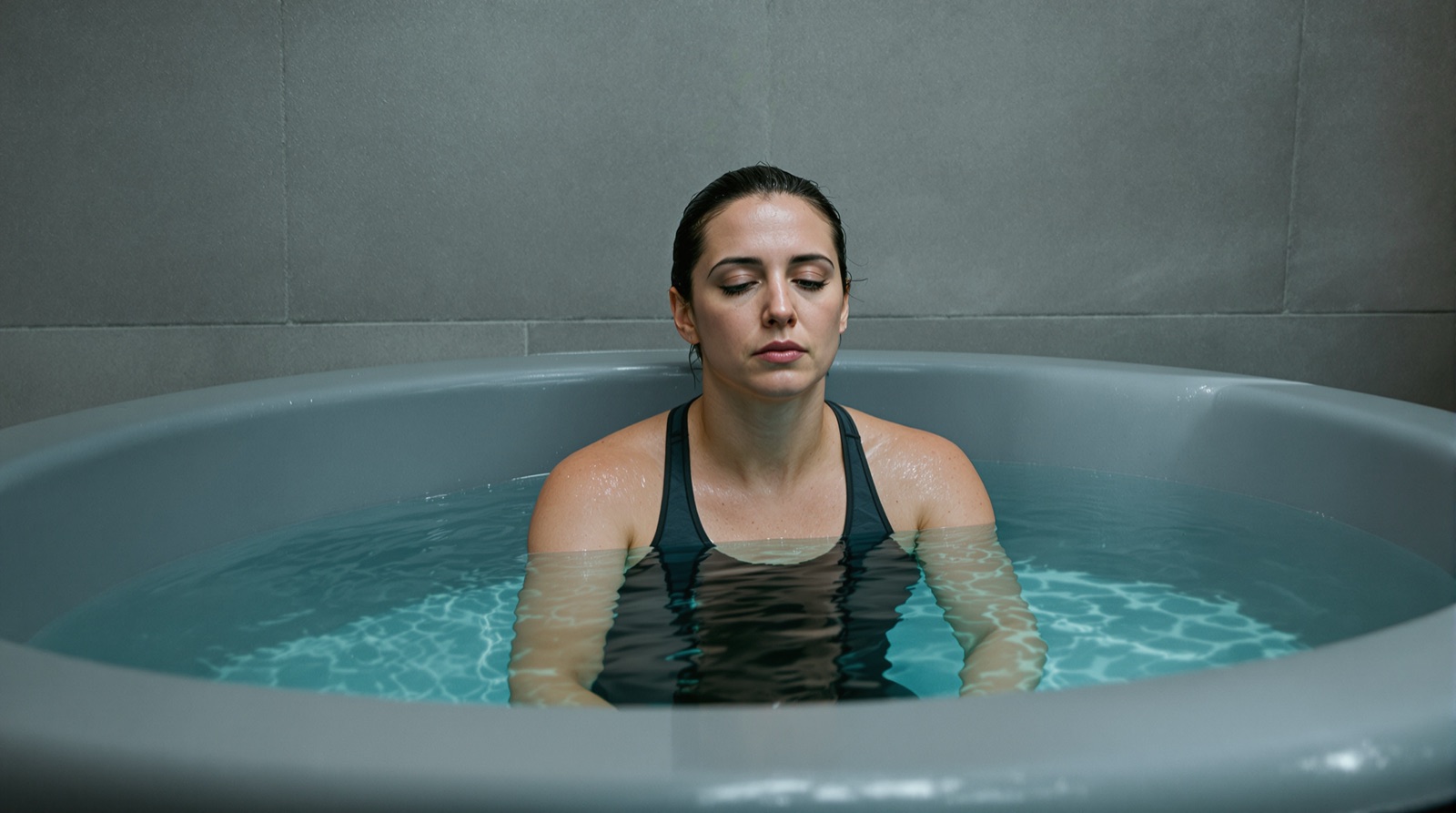 Diferencia entre ducha fría y baño de hielo: mujer sumergida hasta el pecho en una bañera de agua fría