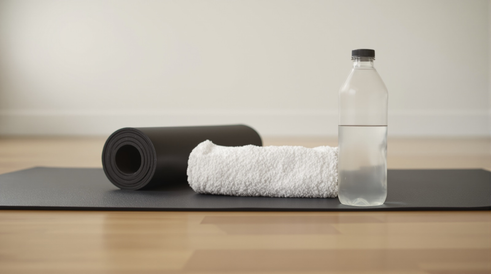 Estiramientos después de entrenar: esterilla, toalla y botella de agua al terminar la sesión