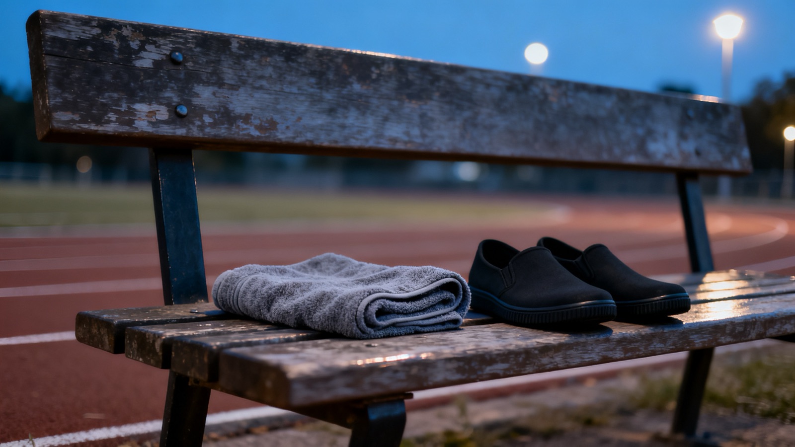Vuelta a la calma después de correr: toalla y zapatillas en un banco junto a la pista al anochecer