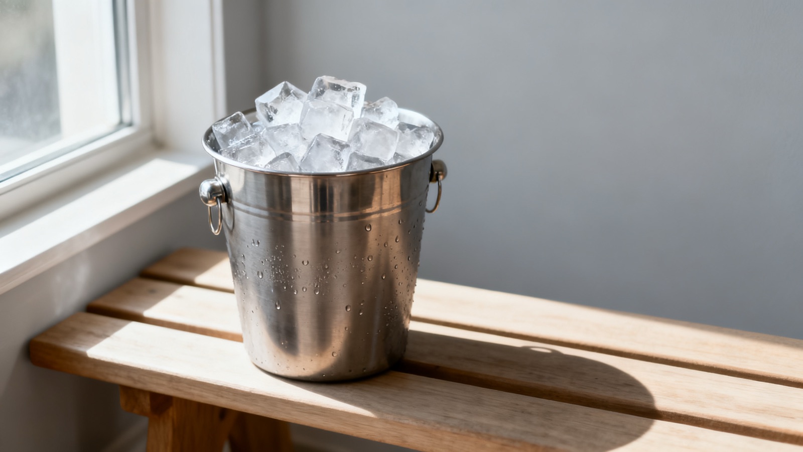 Frío para el dolor muscular: cubitera de acero llena de cubitos de hielo sobre un banco de madera