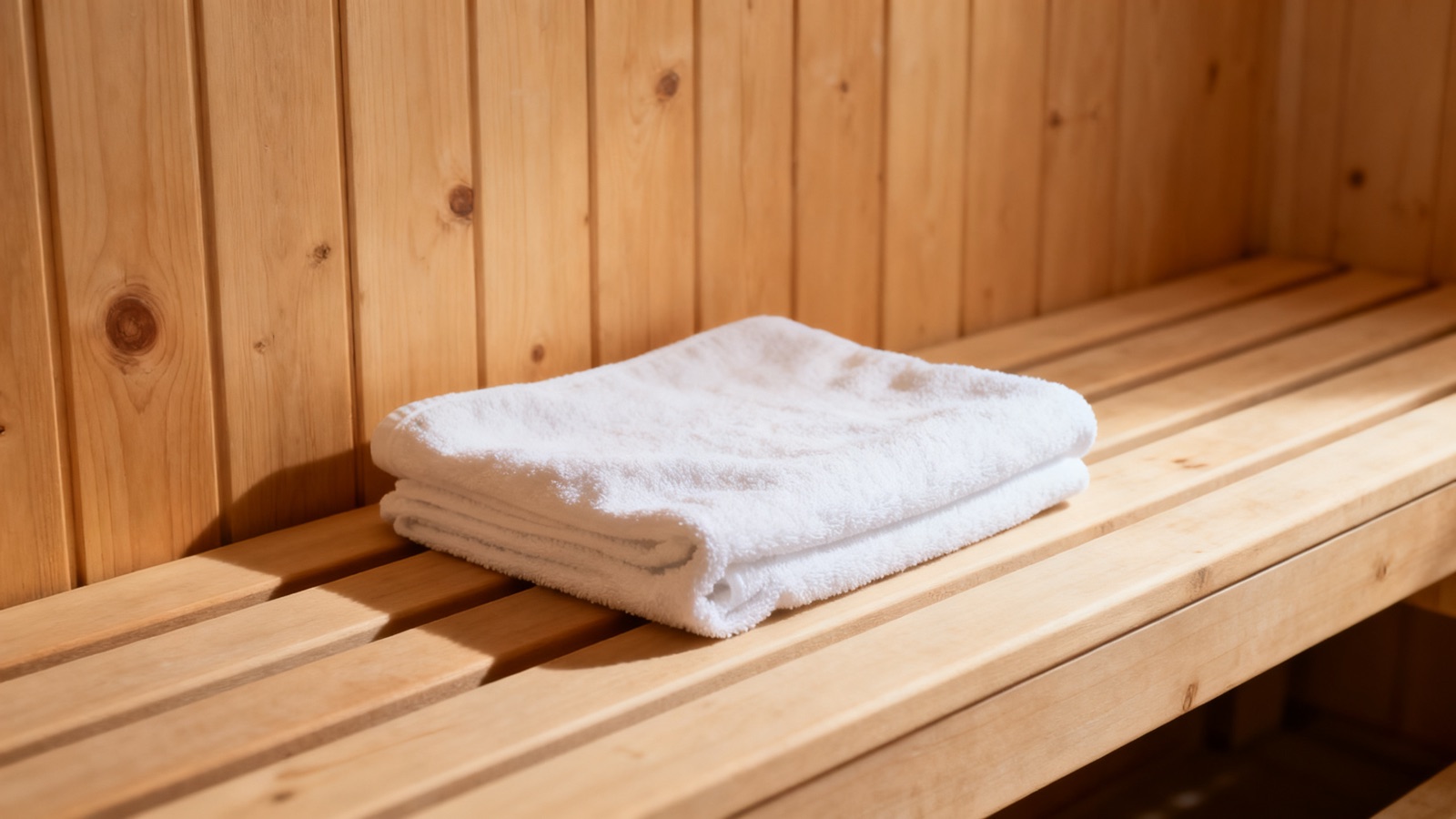 Calor para el dolor muscular: interior de una sauna de madera con una toalla doblada en el banco