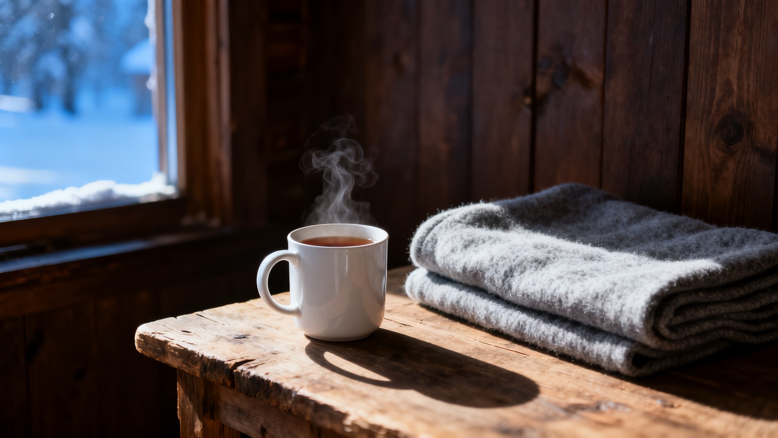 Taza de té caliente y manta de lana junto a una ventana con nieve fuera, en invierno