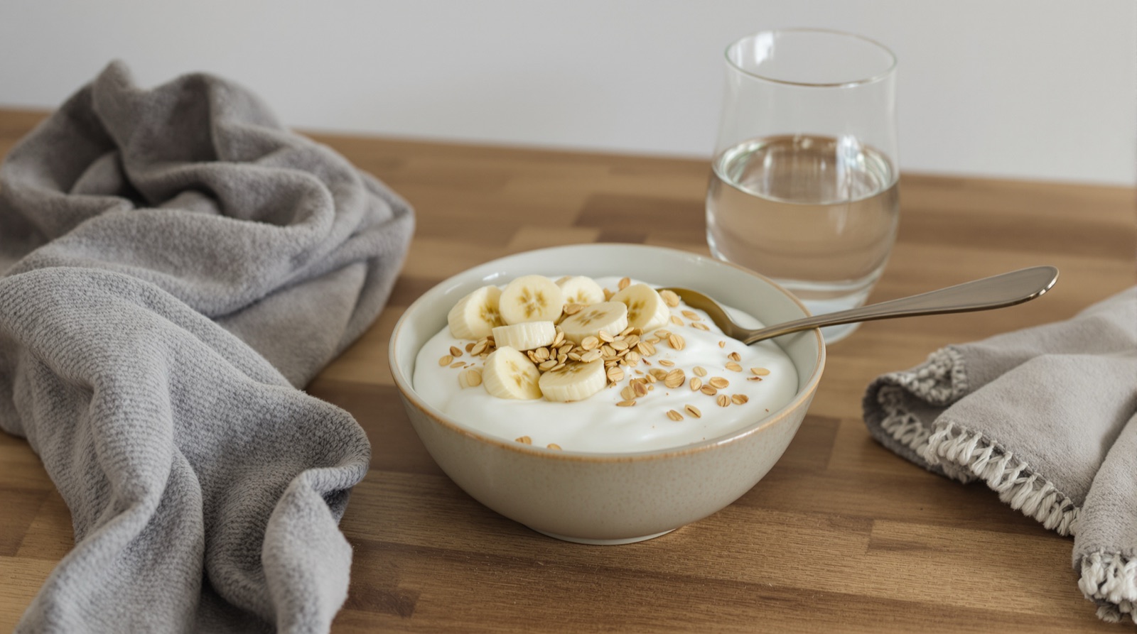 Qué comer después de entrenar: yogur con plátano y copos de avena y un vaso de agua