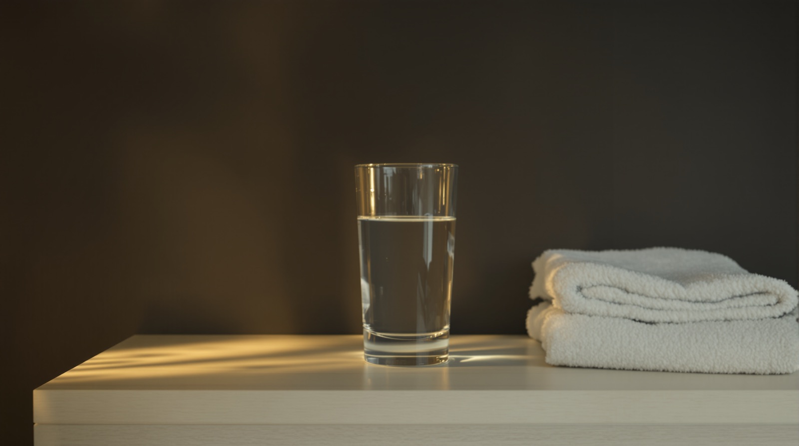 Hidratación después de entrenar: vaso de agua y toallas junto a la sauna