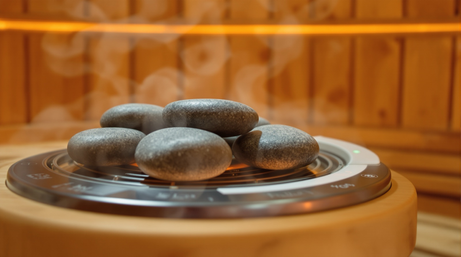 Interior de una sauna finlandesa de madera con estufa y piedras