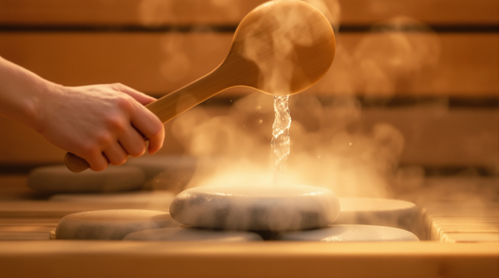 Persona vertiendo agua sobre las piedras de la sauna para generar vapor