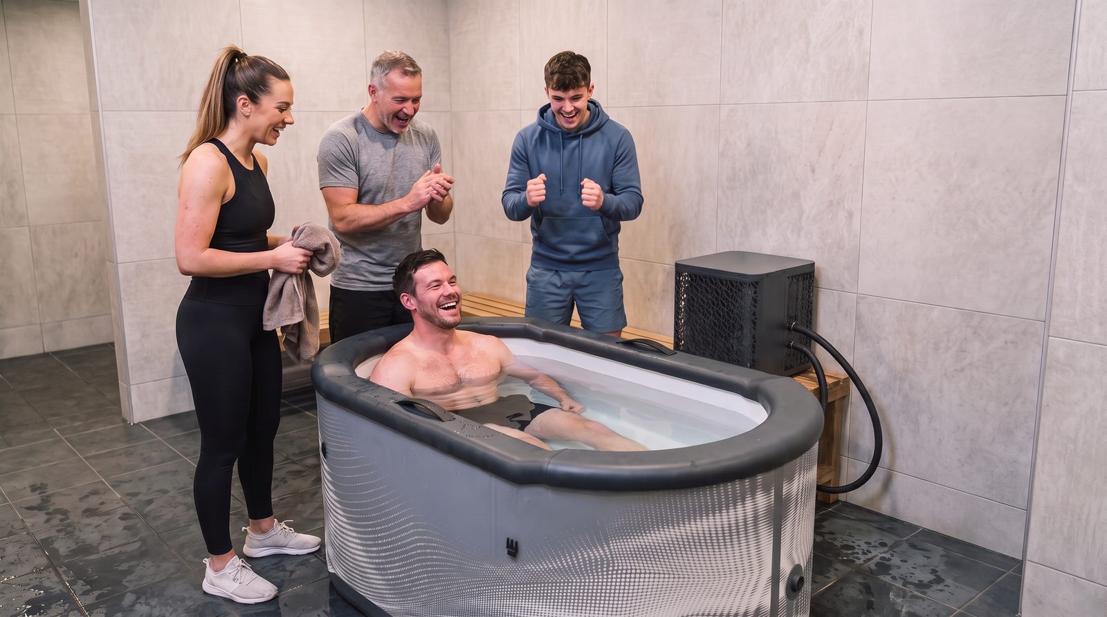 Equipo de empresa en una sesión de team building de recuperación con baño de hielo en Madrid