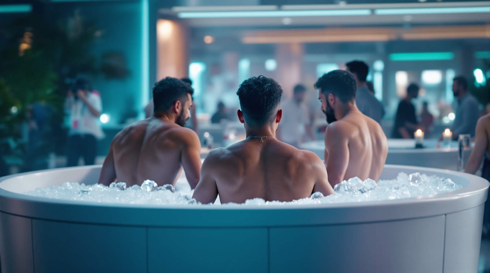 Equipo de empresa en una sesión de team building de recuperación con baño de hielo en Madrid