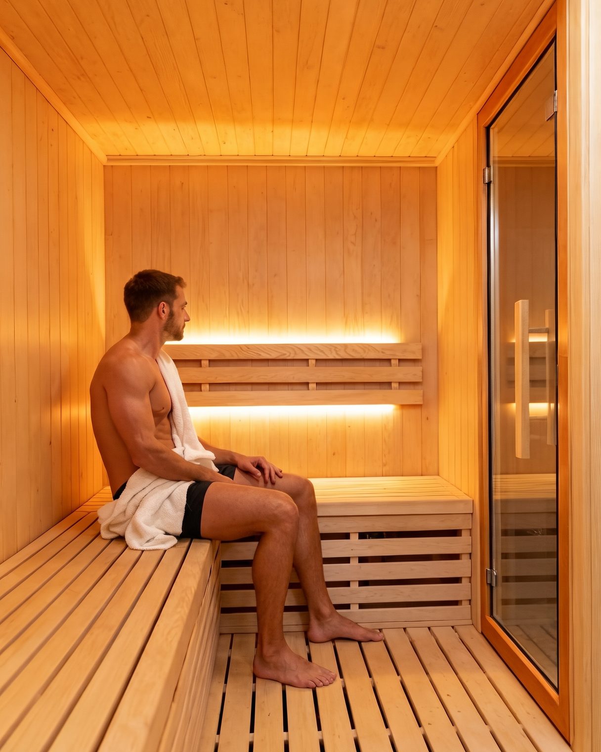 Deportista recuperando en la sauna finlandesa Nordik Club tras entrenar
