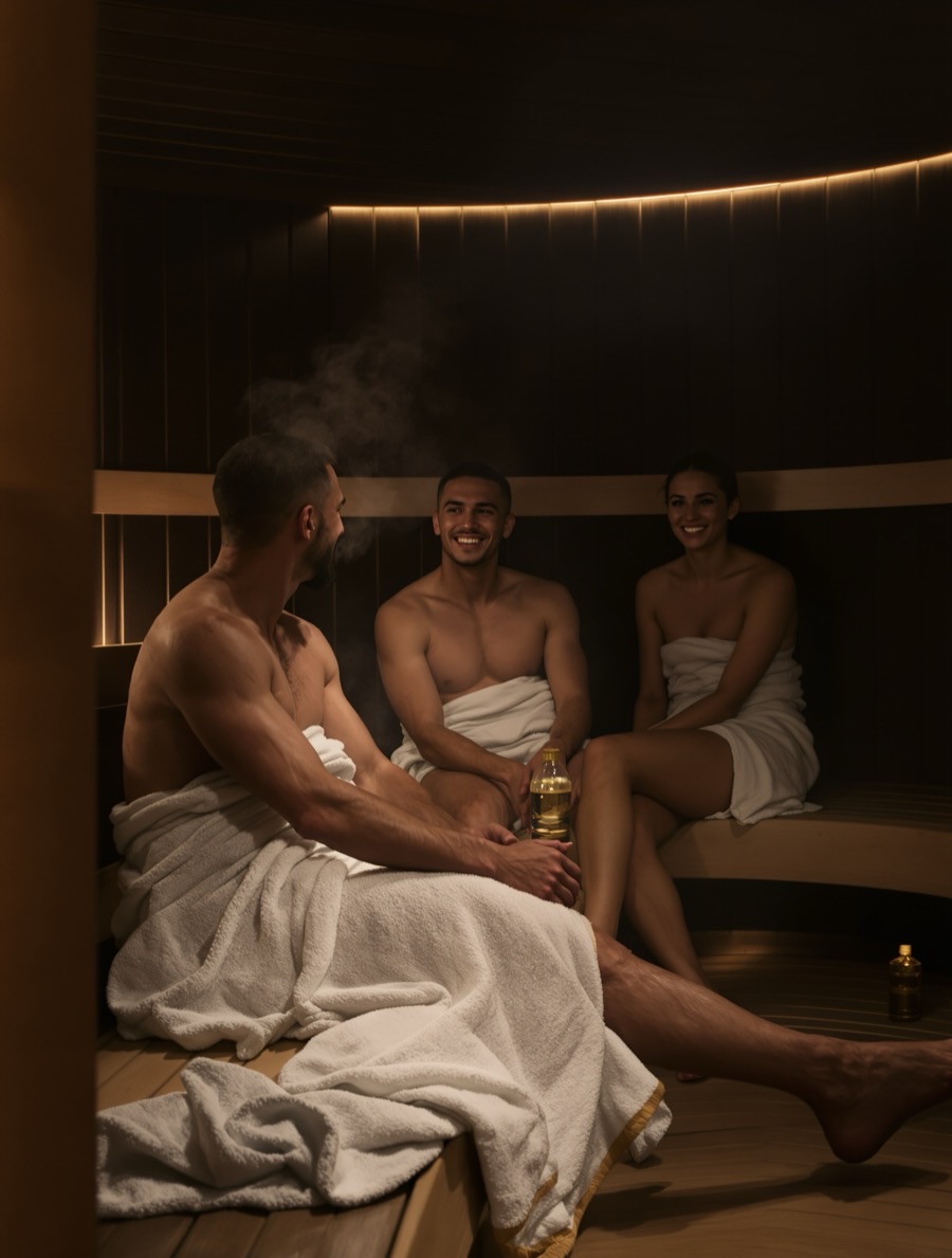 Grupo conversando y relajándose en la sauna Nordik tras entrenar